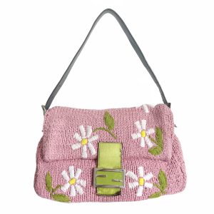 Vintage Fendi Floral Knitted Mama Baguette in Baby Pink | NITRYL