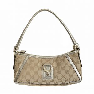 Vintage Gucci Monogram Shoulder Baguette Bag in Beige and Gold | NITRYL