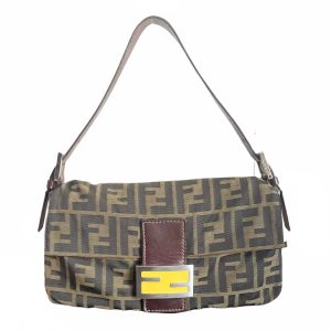 Vintage Fendi Zucca Monogram Baguette Shoulder Bag with Yellow Enamel Logo | NITRYL