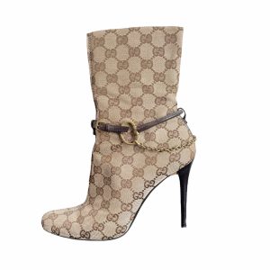 Vintage Gucci Monogram Stiletto Heeled Boots with Chain in Beige UK 3 | NITRYL