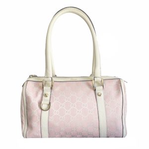 Vintage Gucci Monogram Boston Shoulder Bag in Baby Pink and White | NITRYL