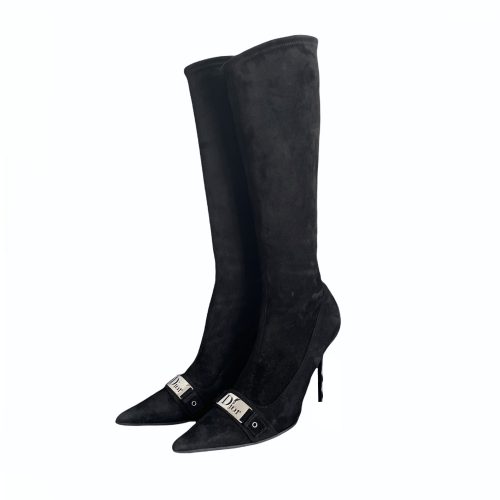 Vintage Dior Suede Sock Boots in Black with Silver Dior Detailing UK 5 | NITRYL