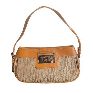 Vintage Dior Monogram Mini Shoulder Bag in Tan and Brown with Silver Logo Plaque | NITRYL