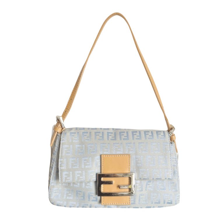 Vintage Fendi Monogram Mini Mama Baguette Bag in Baby Blue and Tan | NITRYL