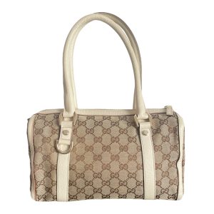 Vintage Gucci Monogram Boston Shoulder Bag in Brown and Cream | NITRYL