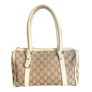 Vintage Gucci Monogram Boston Shoulder Bag in Beige and Cream | NITRYL