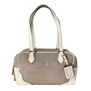 Vintage Prada Logo Canvas Shoulder Bag in Beige and Cream | NITRYL