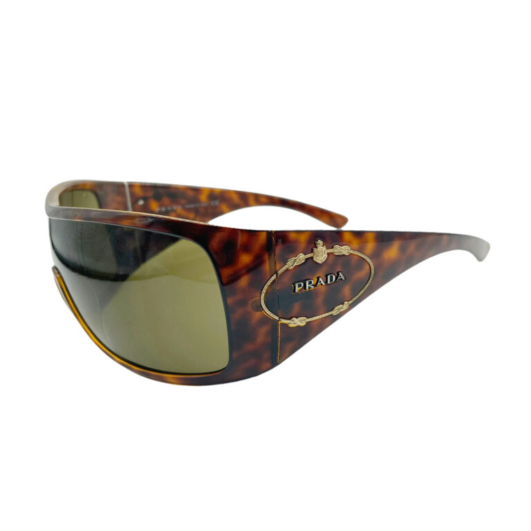 Vintage Prada Logo Shield Tortoiseshell Sunglasses in Brown and Gold | NITRYL i