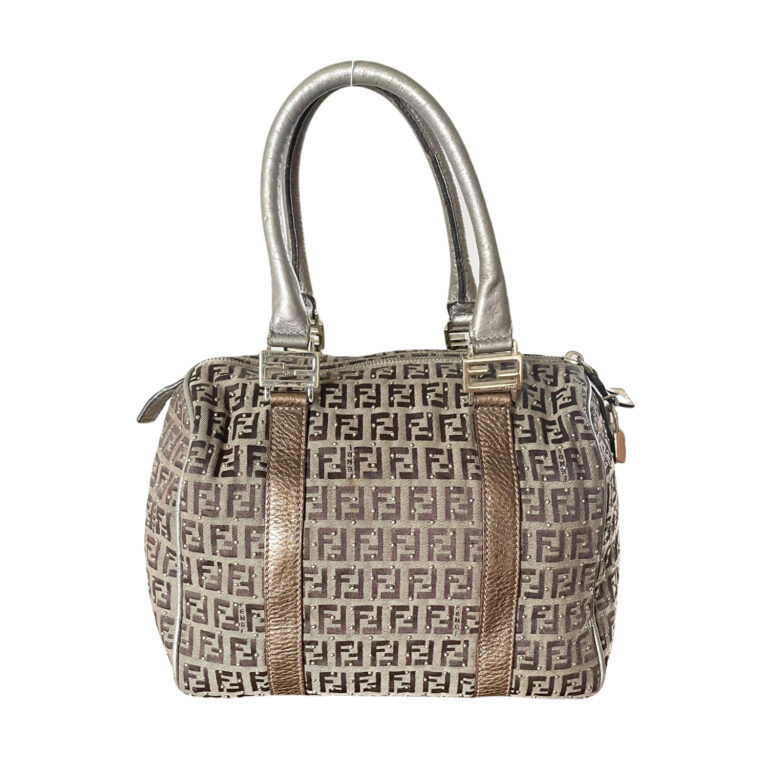 Vintage Fendi Monogram Studded Boston Bag in Brown and Gold | NITRYL