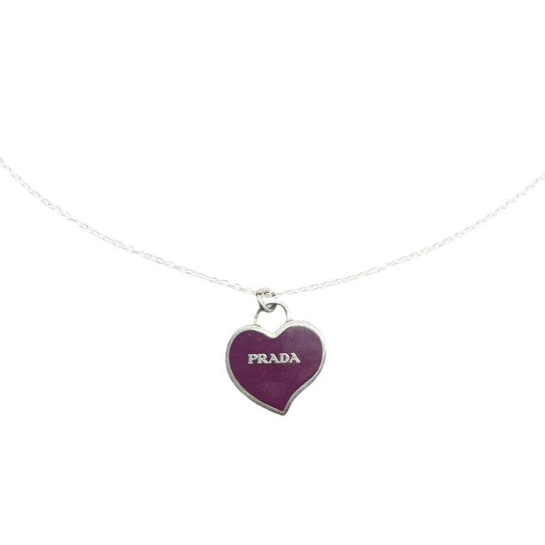 Vintage Reworked Prada Logo Heart Necklace in Purple and Silver | NITRYL