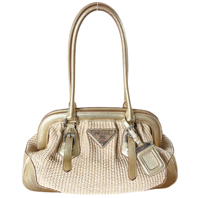 Vintage Prada Woven Raffia Shoulder Bag in Beige and Gold | NITRYL