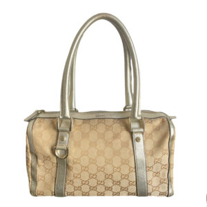 Vintage Gucci Monogram Boston Shoulder Bag in Beige/Brown and Metallic Gold | NITRYL