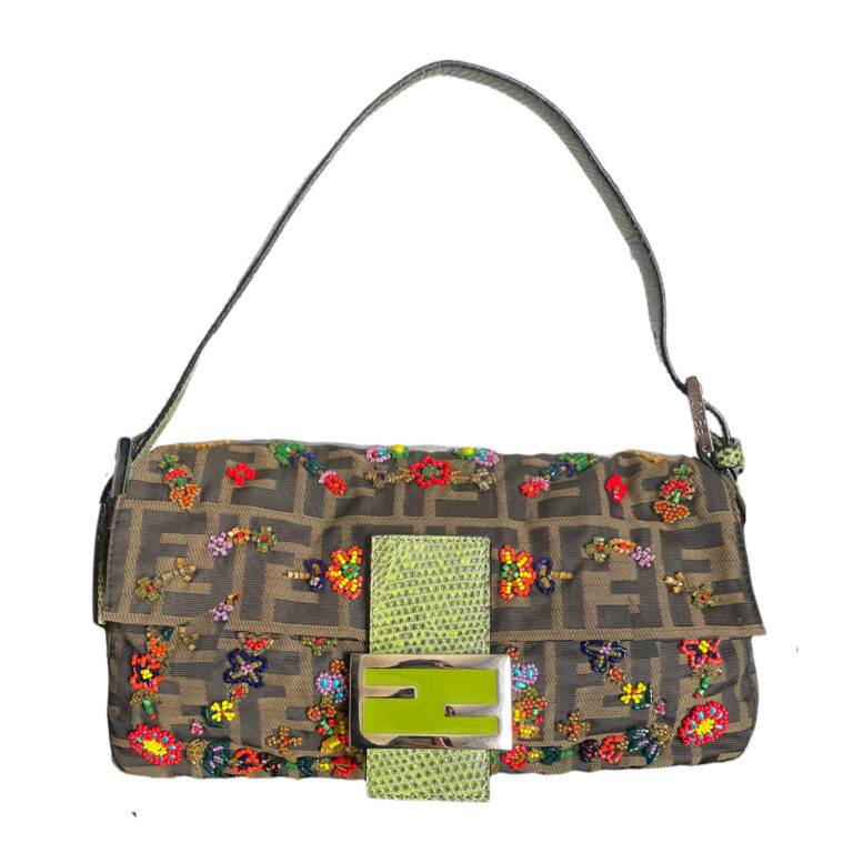 Vintage Fendi Zucca Monogram Beaded Baguette with Green Lizard Details - Limited Edition | NITRYL