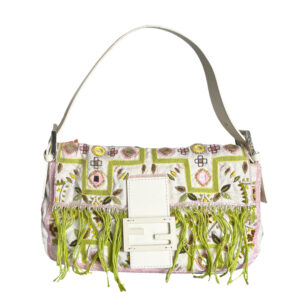 Vintage Fendi Embroidered Beaded Decorative Baguette Shoulder Bag in Cream / Pink / Green | NITRYL