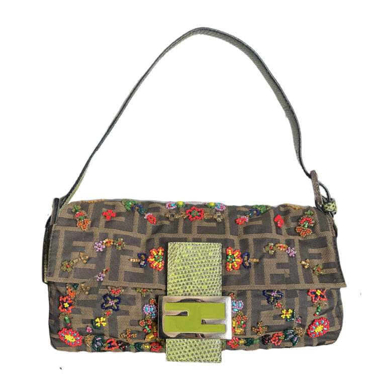 Vintage Fendi Zucca Floral Beaded Baguette Shoulder Bag with Green Lizard Leather Detailing | NITRYL