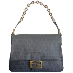 Vintage Fendi Monogram Mama Baguette in Black with Gold Chain Strap | NITRYL