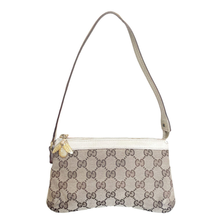 Vintage Gucci Monogram Mini Shoulder Bag in Beige / Cream with Moth Charm | NITRYL