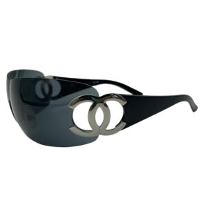 Vintage Chanel Rimless Logo Shield Sunglasses in Black / Silver | NITRYL