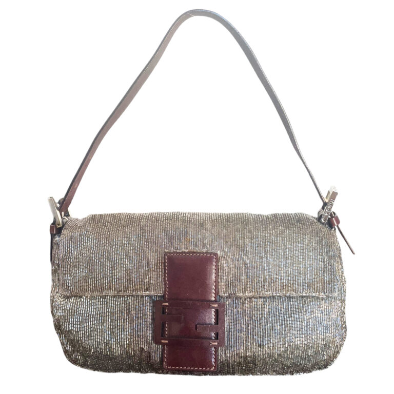 Vintage Fendi Beaded Shoulder Baguette in Grey / Brown | NITRYL