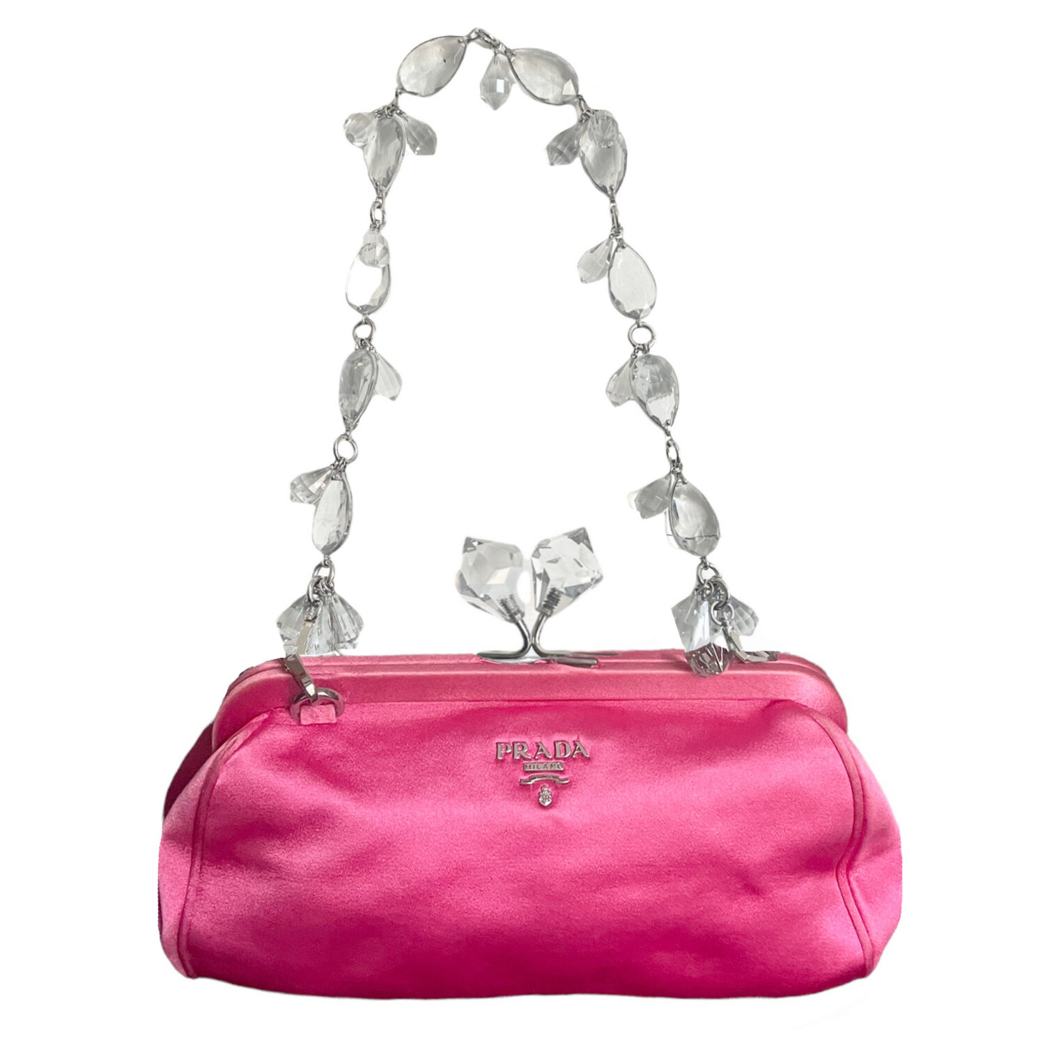 Prada Satin Crystal Kiss Clutch Shoulder Bag in Pink Nitryl