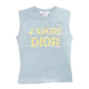 Vintage Dior 'J'Adore Dior' Spellout Tank Vest Top in Baby Blue / Yellow UK 12 | NITRYL