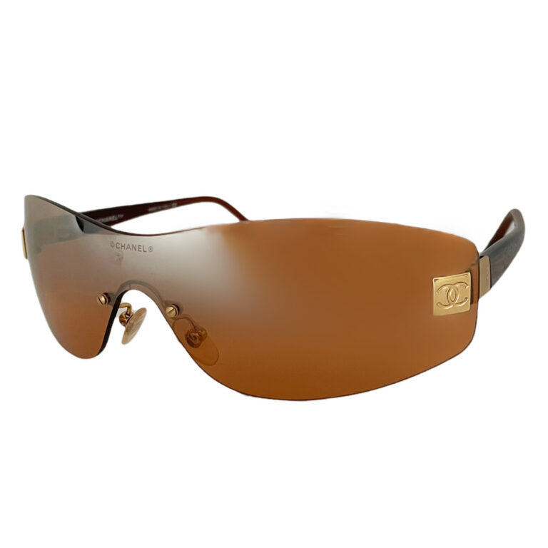 Vintage Chanel Rimless Shield Visor Sunglasses in Orange/Tan & Gold | NITRYL