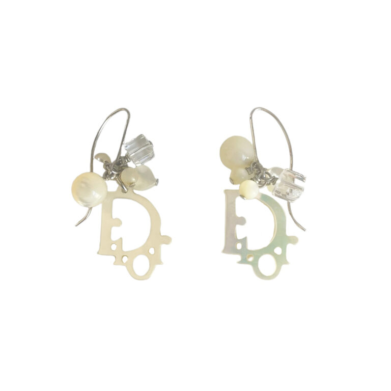 Vintage Dior Pearl Logo Beaded Earrings in Silver | NITRYL