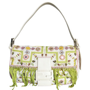 Vintage Fendi Embroidered Beaded Decorative Baguette Shoulder Bag in Cream / Pink / Green | NITRYL