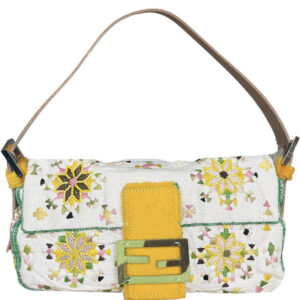 Vintage Fendi Embellished Shoulder Baguette Bag in Cream / Yellow / Green | NITRYL