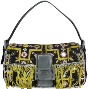 Vintage Fendi Embroidered Beaded Embellished Shoulder Baguette Bag in Black / Green / Pink | NITRYL