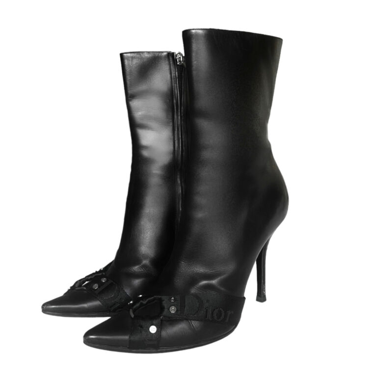 Vintage Dior Tape Logo Leather Boots in Black UK 4.5 | NITRYL