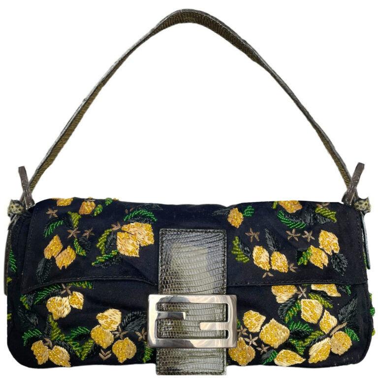 Vintage Fendi Beaded Embellished Lemon Shoulder Baguette Bag in Black Silk with Exotic Leather Detailing | NITRYL