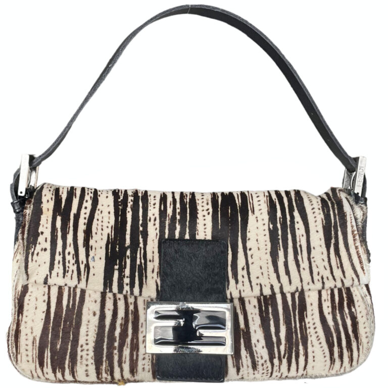 Vintage Fendi Ponyskin-style Calfskin Striped Shoulder Baguette Bag in Cream / Black | NITRYL