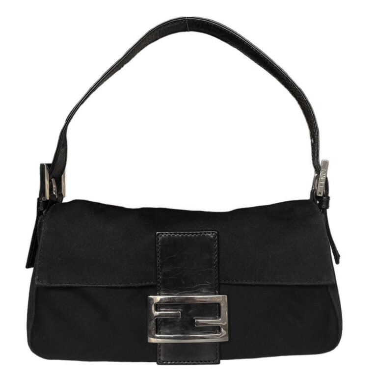 Vintage Fendi Silk Shoulder Baguette Bag in Black / Silver | NITRYL