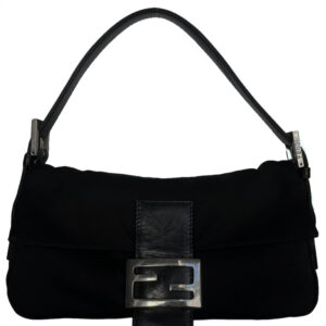 Vintage Fendi Silk Shoulder Baguette Bag in Black / Silver | NITRYL