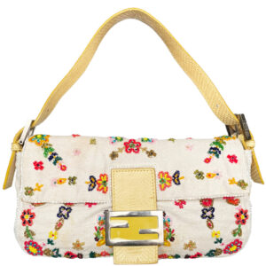 Vintage Fendi Beaded Floral Shoulder Baguette Bag in Cream with Exotic Leather Detailing | NITRYL