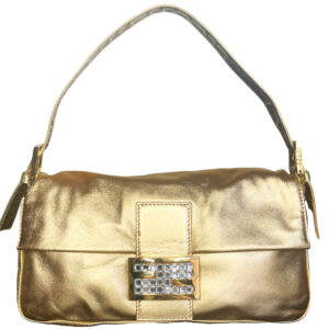 Vintage Fendi Leather Crystal Encrusted Shoulder Baguette Bag in Gold | NITRYL