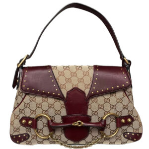 Vintage Gucci Monogram Horsebit Shoulder Bag in Beige / Maroon | NITRYL