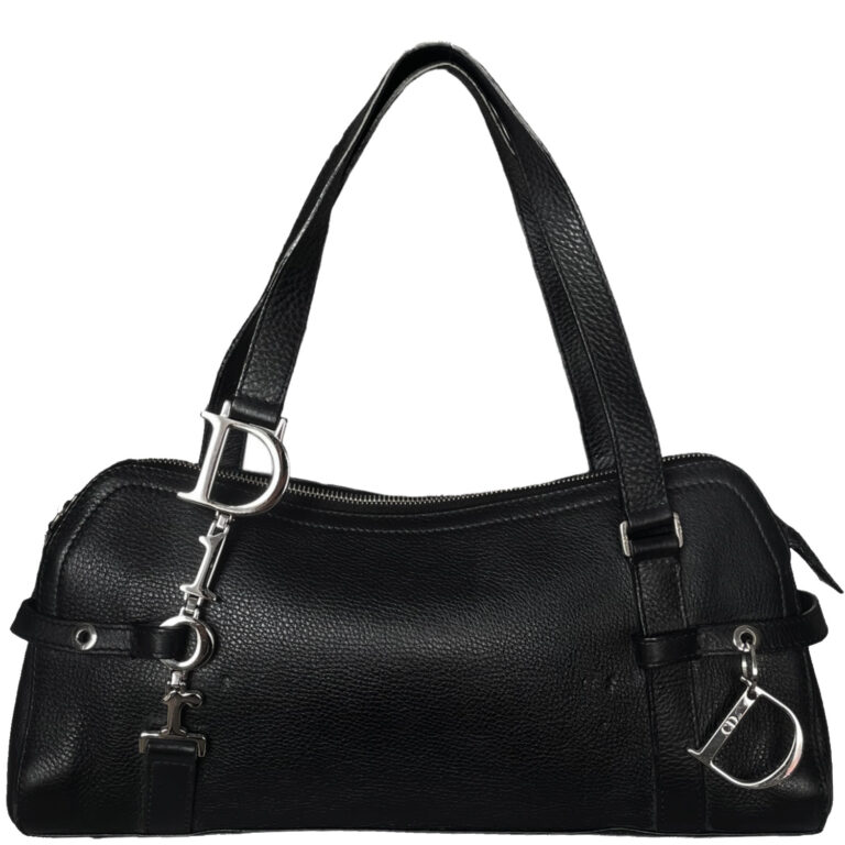 Vintage Dior Leather Shoulder Bag in Black with Silver Spellout Strap | NITRYL