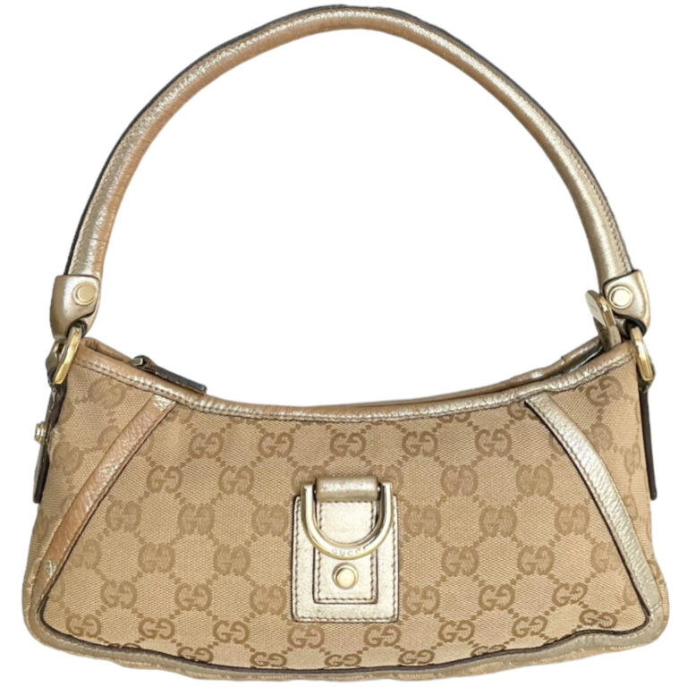 Vintage Gucci Monogram Shoulder Baguette Bag in Beige / Gold | NITRYL