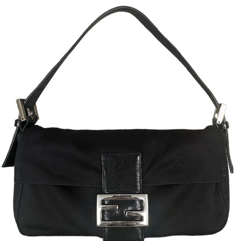 Vintage Fendi Silk Shoulder Baguette Bag in Black / Silver | NITRYL