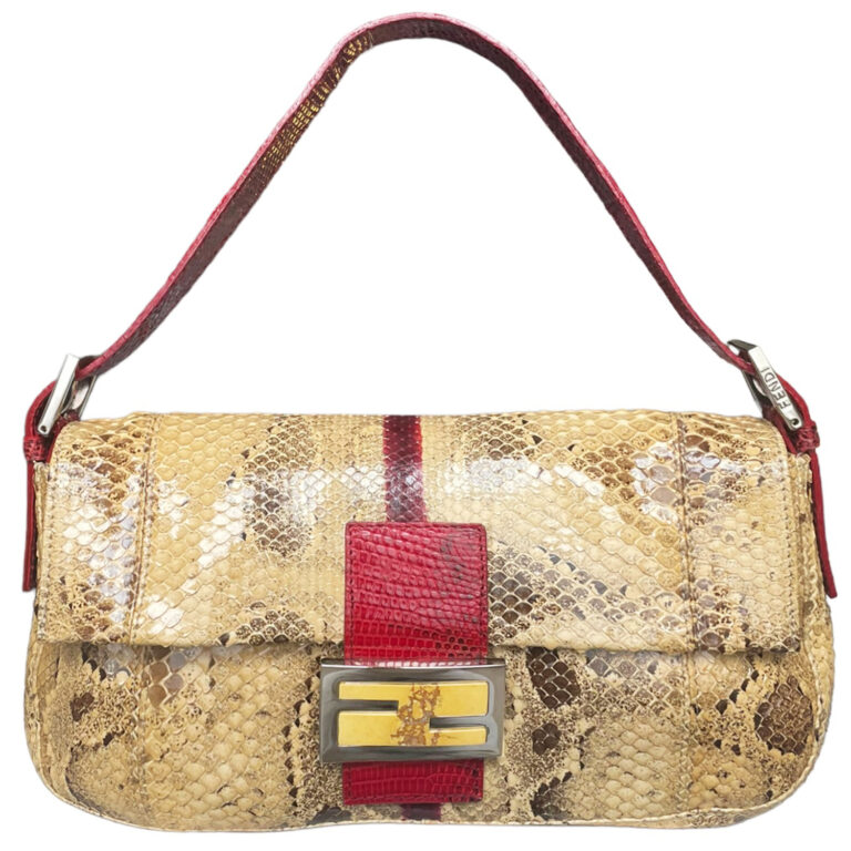 Vintage Fendi Python Snakeskin Shoulder Baguette Bag in Beige with Red Lizard Trim | NITRYL