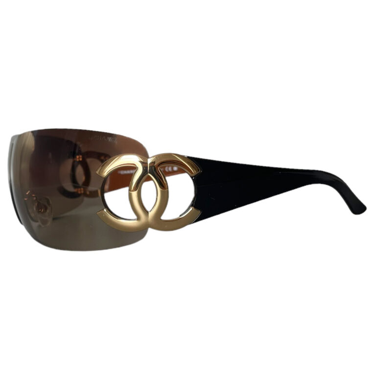 Vintage Chanel Logo Wraparound Sunglasses in Brown / Gold | NITRYL