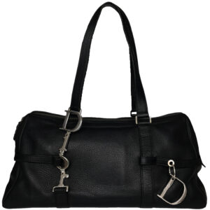 Vintage Dior Leather Shoulder Bag in Black with Silver Spellout Strap | NITRYL