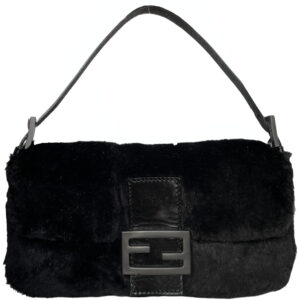 Vintage Fendi Rabbit Fur Shoulder Baguette Bag in Black | NITRYL