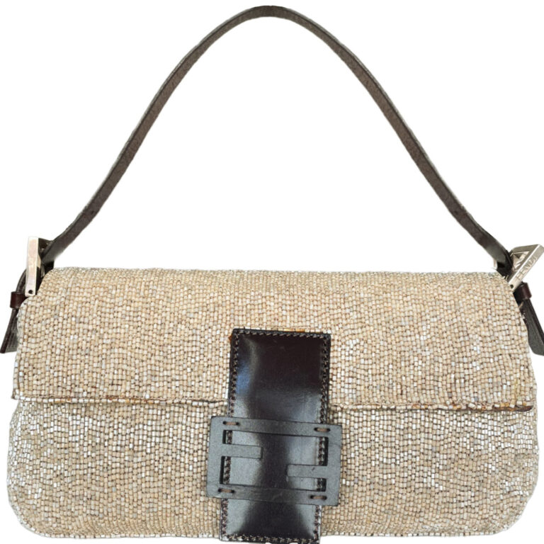 Vintage Fendi Beaded Shoulder Baguette Bag in Champagne Beige | NITRYL