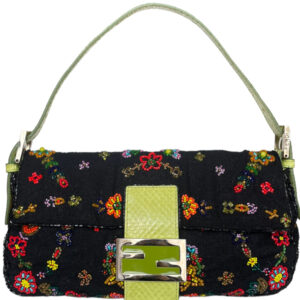 Vintage Fendi Beaded Floral Shoulder Baguette Bag in Black with Exotic Leather Detailing | NITRYL