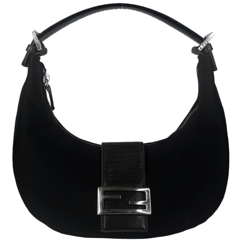 Vintage Fendi Silk Half Moon Hobo Shoulder Bag in Black / Silver | NITRYL