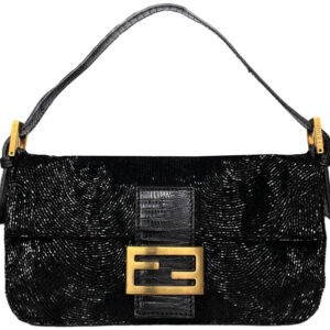 Vintage Fendi Beaded Swirl Shoulder Baguette Bag in Black / Gold with Exotic Leather Detailing | NITRYL