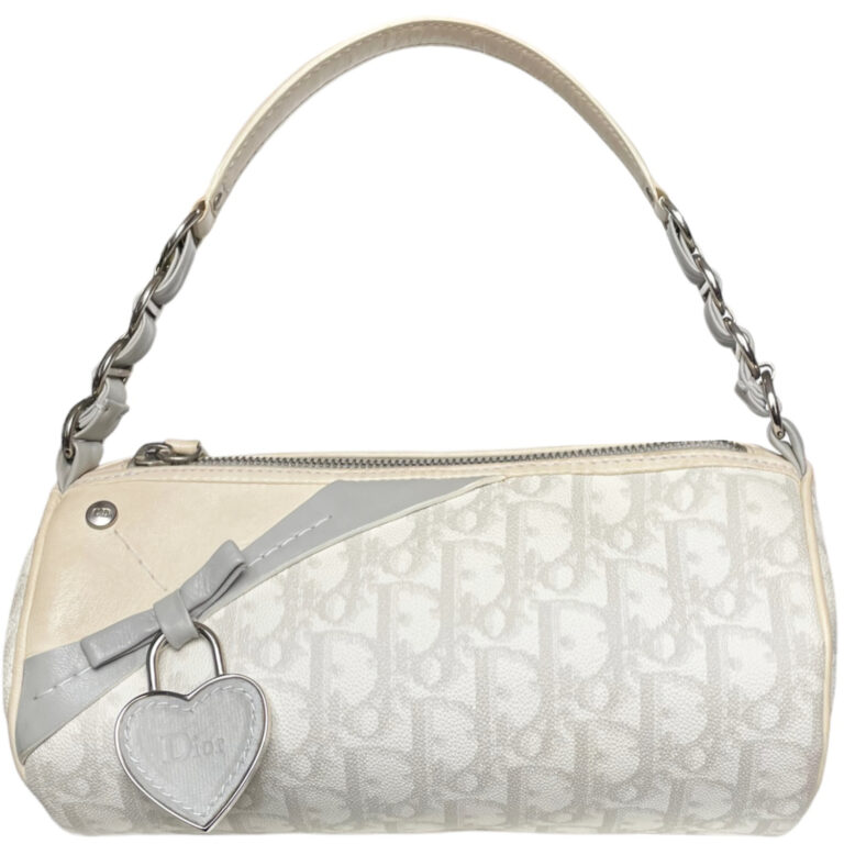 Vintage Dior Monogram Romantique Heart Mini Shoulder Bag in White / Grey | NITRYL